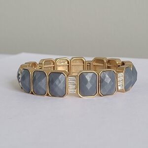 Lia Sophia Gold Tone Grey Faceted Stone Baguette Rhinestone Stretch  Bracelet
